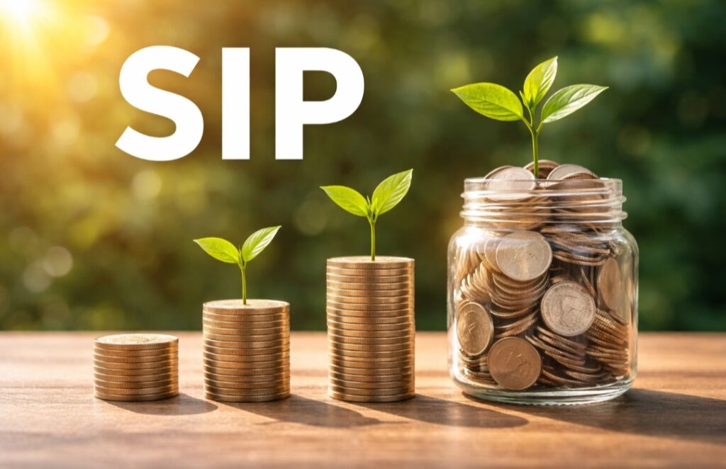 SIP investment concept with growing coin stacks and plant
