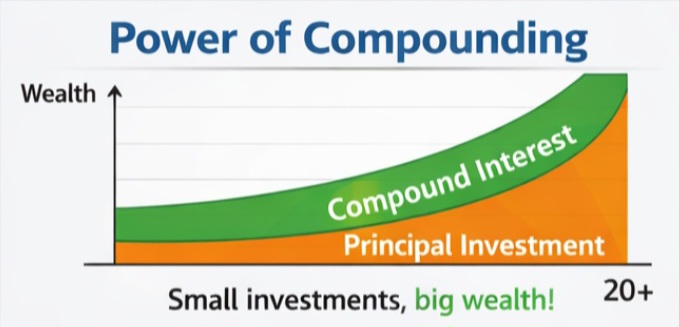 Graph showing how compounding grows wealth in long term investments