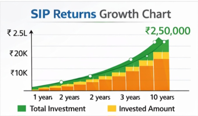 SIP investment growth chart showing compounding returns over 10 years