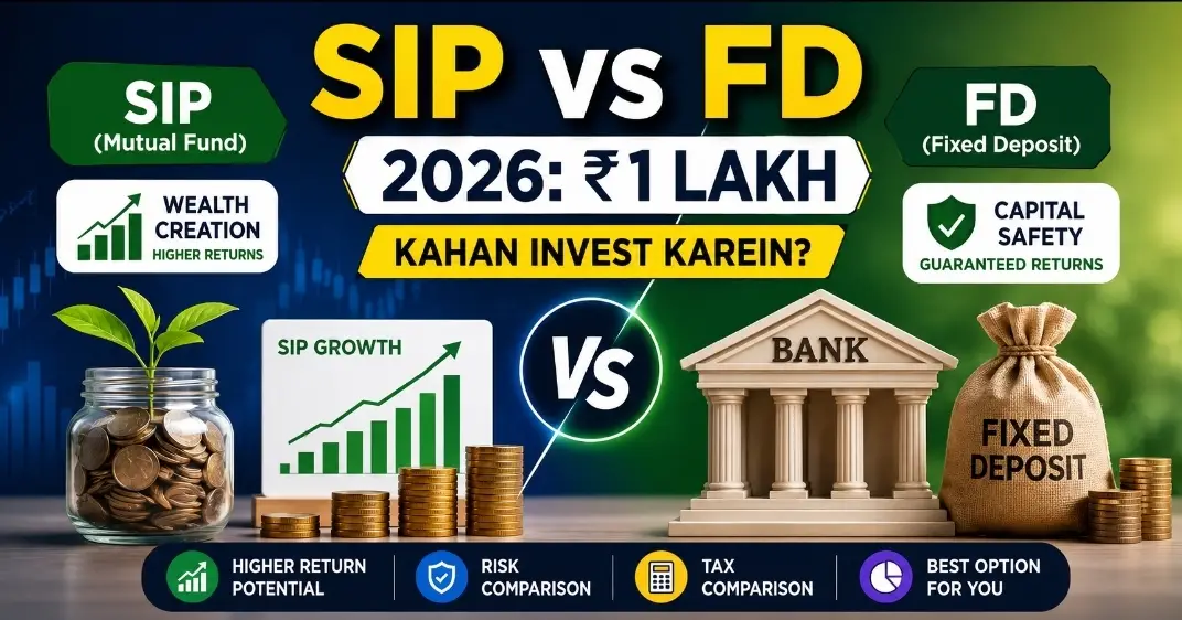 SIP vs FD comparison infographic showing ₹1 lakh investment options in 2026 with wealth creation, returns, risk and capital safety comparison.